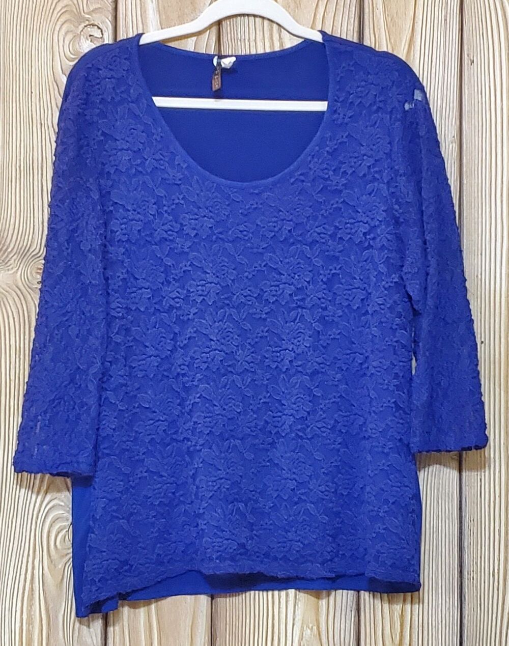 Ashley Dressy Blouse Women's 3XL Blue Lace Overlay Top Sheer 3/4 Sleeves Stretch